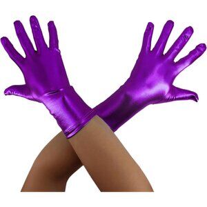 Women's Purple Shiny Metallic Short Length Satin Wrist Gloves Costume Party